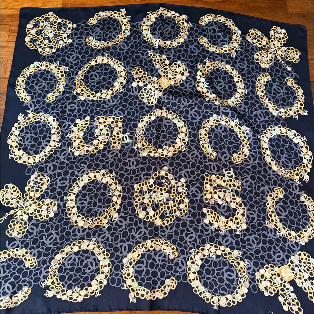 Chanel Coco No. 5 Midnight Blue and Gold Silk Scarf.